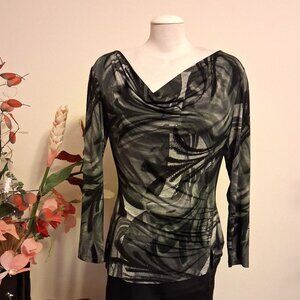 NWT Robert Kitchen Women's Gray Black Printed Blouse Long Sleeve Top Size 10 M